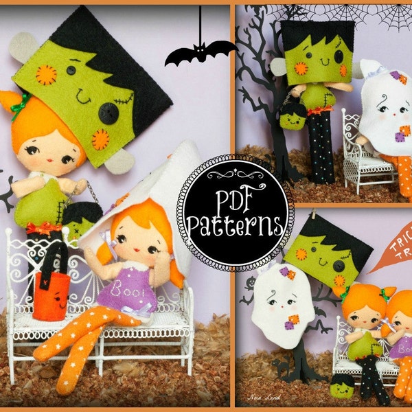 PDF. Halloween Franky and ghost dolls with masks and bags .Plush Doll Pattern, Softie Pattern, Soft felt Toy Pattern.