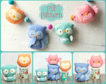 PDF. Owl family garland.  Plush Doll Pattern, Softie Pattern, Soft felt Toy Pattern.