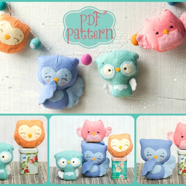 PDF. Owl family garland.  Plush Doll Pattern, Softie Pattern, Soft felt Toy Pattern.