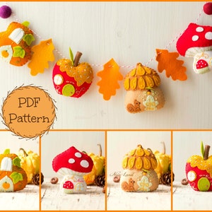 Autumn houses garland: pumpkin, candy apple, toad and acorn home (PDF Pattern)