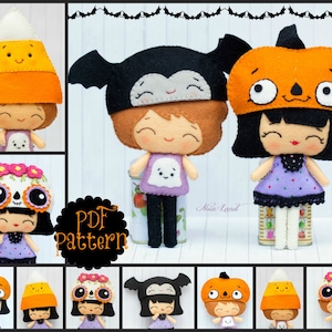 PDF Pattern. Halloween dolls with hats: Mexican skull, vintage pumpkin, candy corn and bat hats.