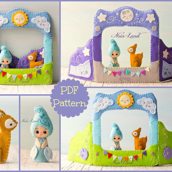 Puppet theatre Sun and Moon and fairy and deer finger puppets. (Pdf Pattern)