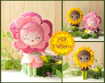 PDF Pattern. Rose and Sunflower faeries. Plush Doll Pattern, Softie Pattern, Soft felt Toy Pattern.