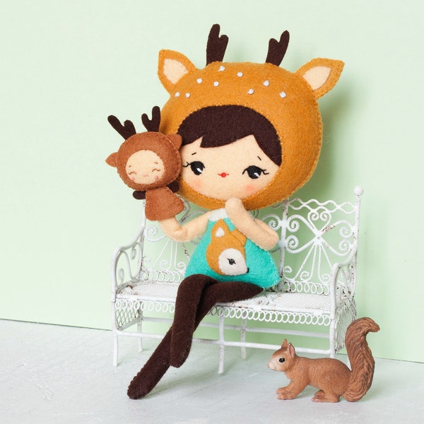 PDF. Deer girl with puppet .Plush Doll Pattern, Softie Pattern, Soft felt Toy Pattern.