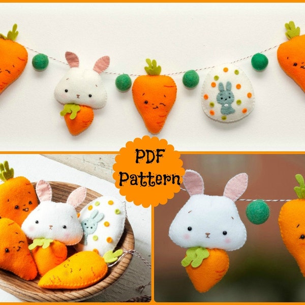 PDF. Easter garland. Bunny, Carrots and Easter Egg. Plush Doll Pattern, Softie Pattern, Soft felt Toy Pattern.