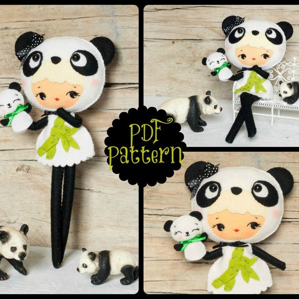 PDF. Panda bear girl with puppet. Plush Doll Pattern, Softie Pattern, Soft felt Toy Pattern.