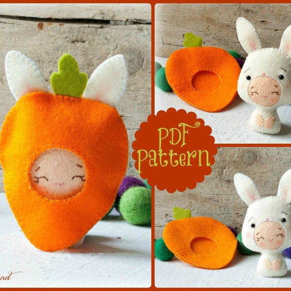 PDF. Bunny baby with carrot costume. Plush Doll Pattern, Softie Pattern, Soft felt Toy Pattern.