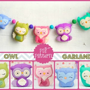 PDF. Owl family garland 2.  Plush Doll Pattern, Softie Pattern, Soft felt Toy Pattern.