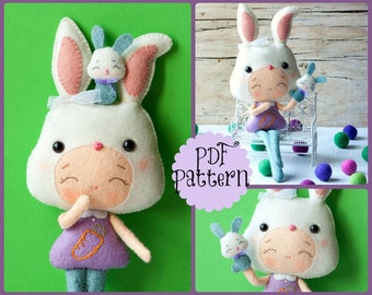 PDF. Bunny girl with puppet .Plush Doll Pattern, Softie Pattern, Soft felt Toy Pattern.