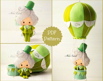 PDF. The wizard of Oz and his hot air  baloon. Oz pattern. Plush Doll Pattern, Softie Pattern, Soft felt Toy Pattern.