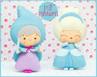 PDF. Cinderella and the fairy godmother. Fairy tale pattern. Plush Doll Pattern, Softie Pattern, Soft felt Toy Pattern.