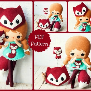 PDF. Fox girl with mask and puppet .Plush Doll Pattern, Softie Pattern, Soft felt Toy Pattern. image 1