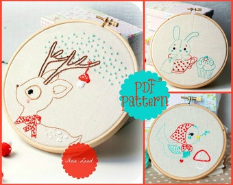 PDF. Hand embroidery Pattern. Deer, Bird and bunny.