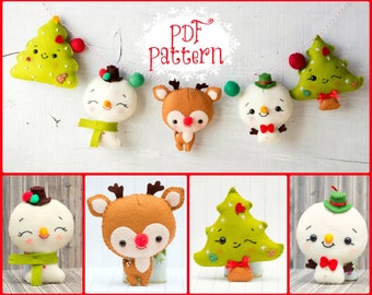 PDF Pattern. Christmas garland with Rudoph, Snowmen and Christmas tree.