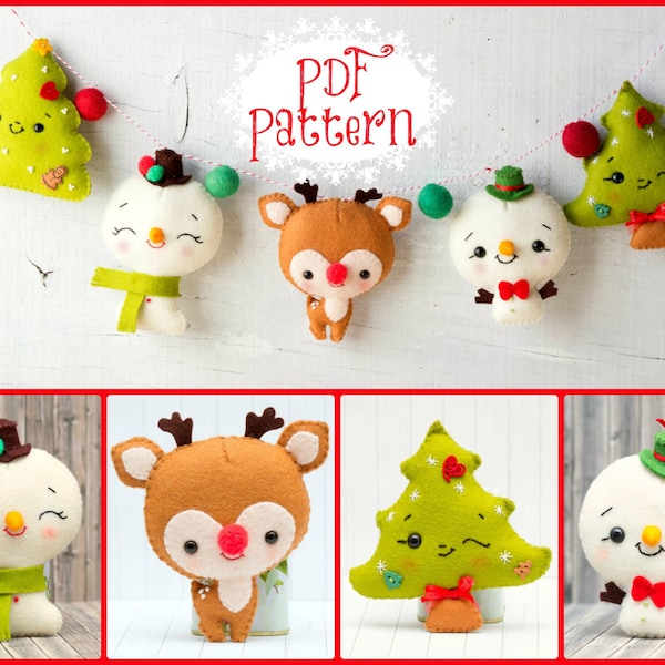 PDF Pattern. Christmas garland with Rudoph, Snowmen and Christmas tree.