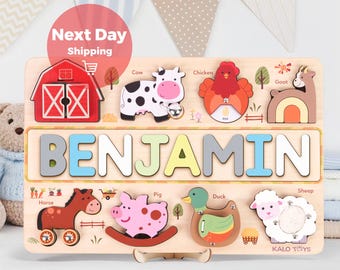 Personalized Wooden Name Puzzle, Busy Board, Montessori Farm Animal Toys, Baby Gift, Baby Girl- Boy Toys, Gift for Kid, First Birthday Gift