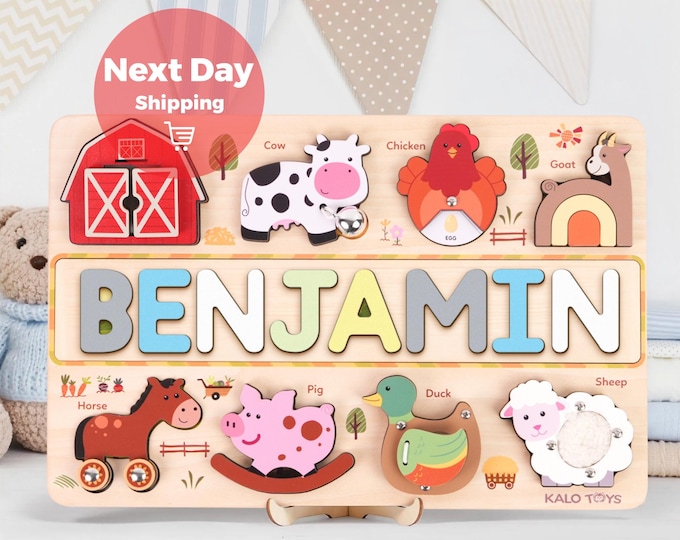 Personalized Wooden Name Puzzle, Busy Board, Montessori Farm Animal Toys, Baby Gift, Baby Girl- Boy Toys, Gift for Kid, First Birthday Gift