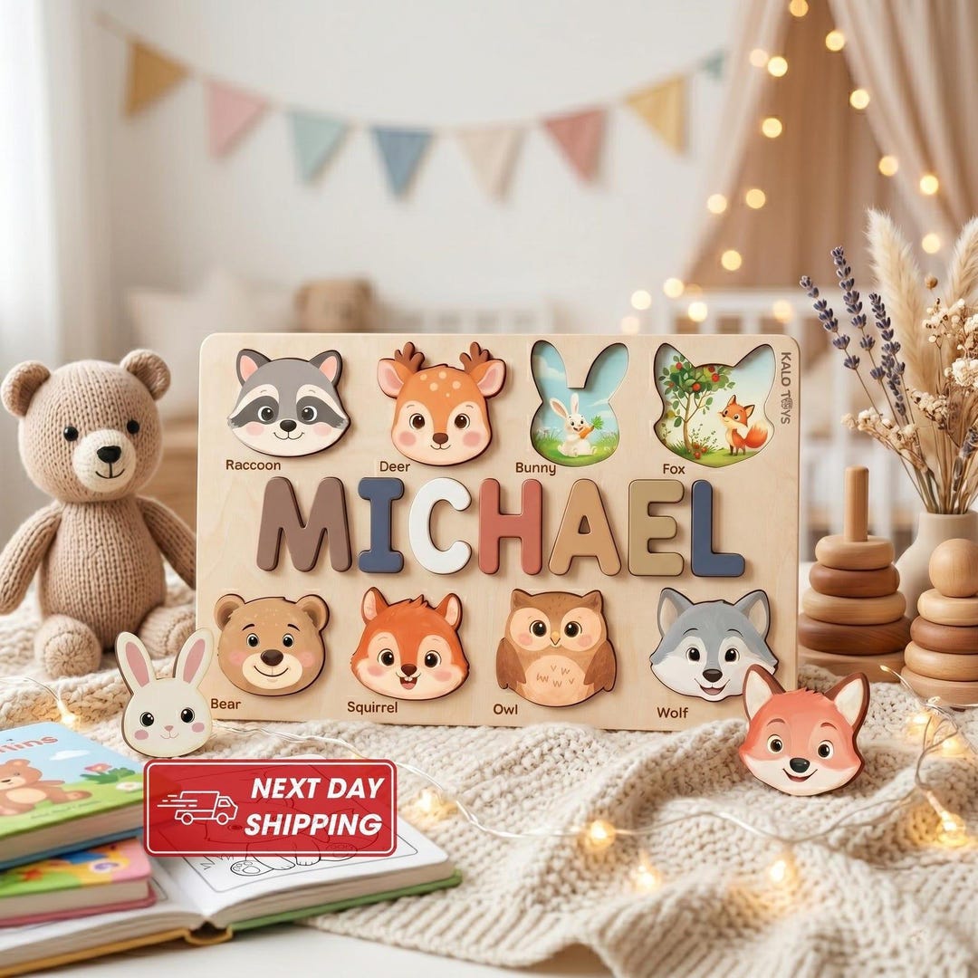 Personalized Wooden Name Puzzle, Montessori Farm Animal Toys, Baby Gift ...