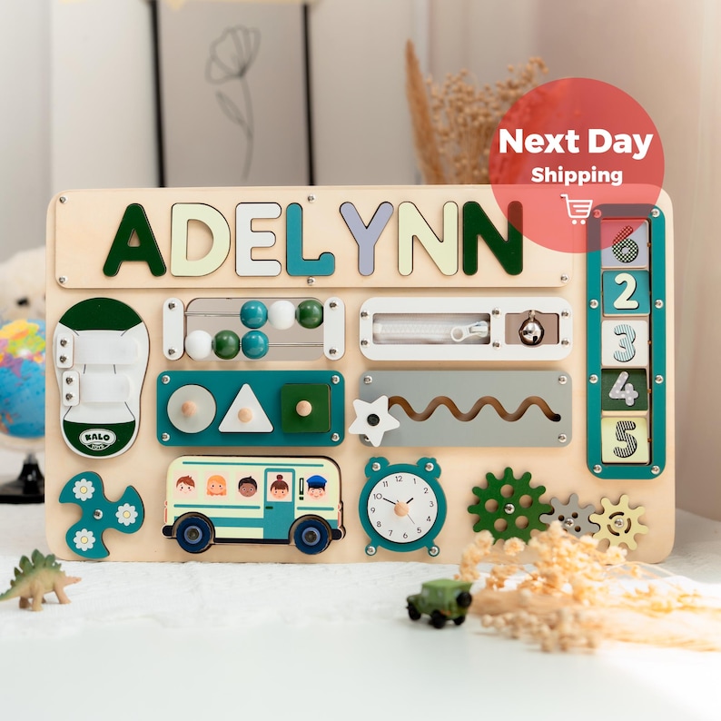 Personalized Busy Board, First Birthday Gift Boy, Baby Busy Board, Toddler Toy, New Baby Boy Gift, Baby Name Puzzle, Wooden Name Puzzle Style 3-Green