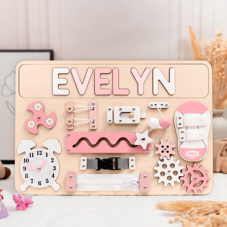 Personalized Busy Board, First Birthday Gift Boy, Baby Busy Board, Toddler Toy, New Baby Boy Gift, Baby Name Puzzle, Wooden Name Puzzle Style 2- Pastel Girl