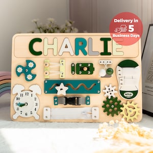 Personalized Busy Board, First Birthday Gift Boy, Baby Busy Board, Toddler Toy, New Baby Boy Gift, Baby Name Puzzle, Wooden Name Puzzle Style 2 - Green