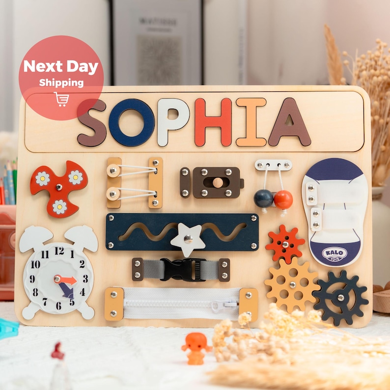 Personalized Busy Board, First Birthday Gift Boy, Baby Busy Board, Toddler Toy, New Baby Boy Gift, Baby Name Puzzle, Wooden Name Puzzle Style 2 - Blackrose