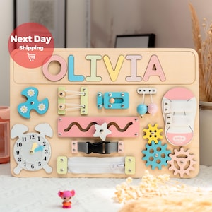 Personalized Busy Board, First Birthday Gift Boy, Baby Busy Board, Toddler Toy, New Baby Boy Gift, Baby Name Puzzle, Wooden Name Puzzle image 5