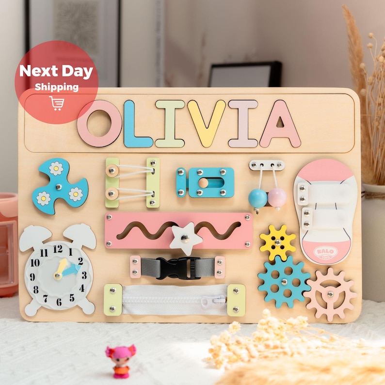 Personalized Busy Board, First Birthday Gift Boy, Baby Busy Board, Toddler Toy, New Baby Boy Gift, Baby Name Puzzle, Wooden Name Puzzle image 5
