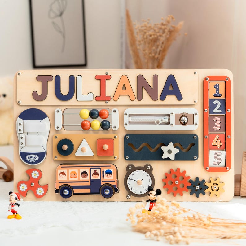 Personalized Busy Board, First Birthday Gift Boy, Baby Busy Board, Toddler Toy, New Baby Boy Gift, Baby Name Puzzle, Wooden Name Puzzle Style 3 - Black Rose