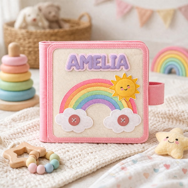 Personalized Baby Quiet Book, Handmade Felt Busy Book, Custom Name Rainbow Montessori Toy, First Birthday Gift, Soft Sensory Activity Book