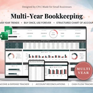 Puede incluir: Un portátil, una tableta y un teléfono muestran una hoja de cálculo de contabilidad plurianual. La pantalla muestra datos financieros, gráficos y diagramas. El texto "Multi-Year Bookkeeping" y "Income & Expense Tracker" es visible. Un adhesivo rojo lee "Multi Year".
