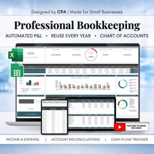 Op de afbeelding: Een laptop, tablet en smartphone tonen een professionele boekhoudinterface. Het scherm toont financiële gegevens, grafieken en diagrammen. Tekst omvat "Professional Bookkeeping" en "Income & Expense". Een YouTube-tutorial is inbegrepen.