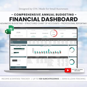 Comprehensive Annual Financial Dashboard | Profit & Loss, Detailed Budget, Account Tracking, Monthly and Annual Dashboard | Excel