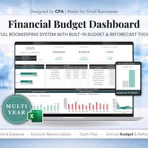 May include: A digital financial budget dashboard displayed on a laptop screen, featuring the text Financial Budget Dashboard, Full Bookkeeping System with Built-in Budget & Reforecast Tool, and Multi Year. The interface shows charts, tables, and data.