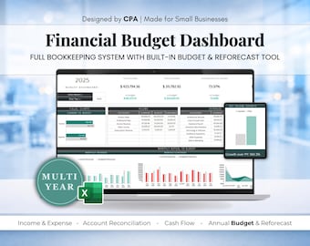 Financial Budget Dashboard | Multi-Year Bookkeeping, Annual Budgeting & Reforecasting | Excel