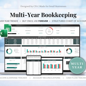 Puede incluir: Un portátil, una tableta y un teléfono muestran una hoja de cálculo de contabilidad plurianual con gráficos. La imagen incluye el texto "Multi-Year Bookkeeping" y "Income & Expense Tracker". Un icono verde de Excel está en la parte superior izquierda.