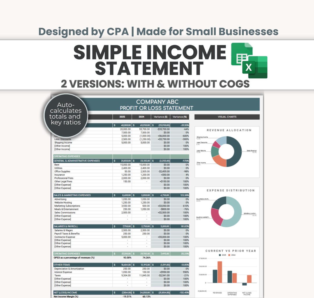 Visual For Income Simple Income Statement Template for Excel and Google Sheets | Clean 2 ...