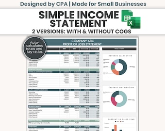 Simple Income Statement Template for Excel and Google Sheets | Clean 2-Year Profit & Loss with Visual Charts