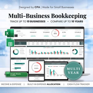 Foglio di calcolo per la contabilità multi-azienda (fino a 10 aziende), monitoraggio di profitti e perdite, entrate e uscite, compatibile con Excel e Fogli Google per più anni, per commercialisti.