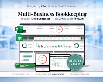Multi Business Bookkeeping Spreadsheet Up to 10 Businesses Profit & Loss Income Expense Tracker Multi Year Excel and Google Sheets CPA