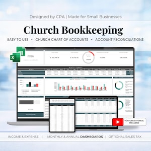 May include: A laptop and tablet showing church bookkeeping software. The software displays charts, graphs, and financial data. Text on the screen includes "Church Bookkeeping", "Income & Expense", and "Monthly & Annual Dashboards". A YouTube tutorial is included.