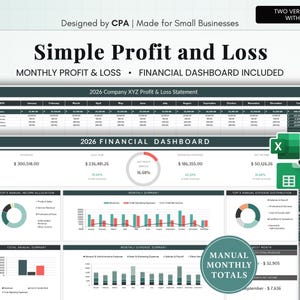 May include: A digital financial dashboard with the text "Simple Profit and Loss" and "Financial Dashboard Included." The image displays charts, graphs, and financial data, designed for small businesses. Includes a green Excel icon.