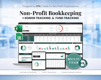 Non-Profit Bookkeeping Spreadsheet | Fund Tracking | Donor Management | Income Expense Tracker | Google Sheets & Excel | CPA Designed