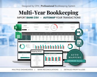 Meerjarig boekhoudspreadsheet met automatische bankkoppeling | Inkomsten- en uitgavenoverzicht | Winst- en verliesrekening | Google Sheets Excel | Ontworpen door een registeraccountant