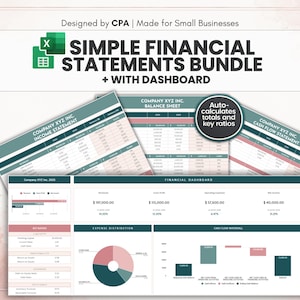 May include: A digital financial spreadsheet bundle featuring an income statement, balance sheet, and cash flow statement. It includes a financial dashboard with charts, graphs, and tables. Text reads: Designed by CPA | Made for Small Businesses.