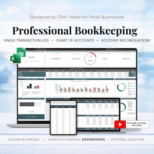 May include: A laptop and tablet showing professional bookkeeping software. The screen displays charts and financial data. Text includes "Professional Bookkeeping," "Single Transaction Log," and "Monthly & Annual Dashboards."