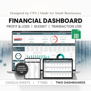 Panel financiero para pequeñas empresas / Presupuesto + Registro de transacciones + Pérdidas y ganancias + Panel mensual y anual / Hojas de cálculo de Google