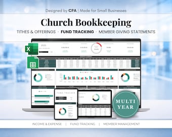 Church Bookkeeping Spreadsheet Tithes & Offerings Tracker Fund Accounting Nonprofit Income and Expense Excel Google Sheets