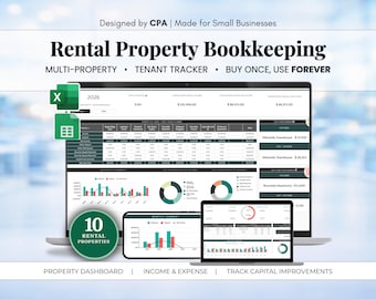 Rental Property Bookkeeping Spreadsheet | Up to 10 Properties | Tenant Management | Capital Improvements | Property Dashboard | CPA