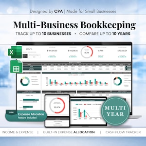 May include: A digital multi-business bookkeeping spreadsheet template displayed on a computer monitor, tablet, and laptop screen. The interface features financial dashboards, income and expense charts, and summary tables with text including Multi-Business Bookkeeping, Track up to 10 Businesses, Compare up to 10 Years, and Expense Allocation.
